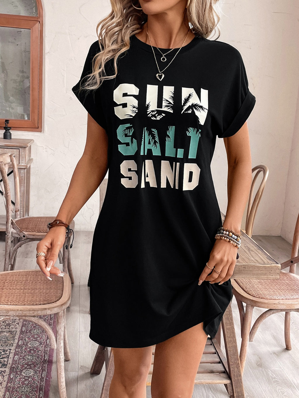 Letter Graphic Round Neck Short Sleeve Mini Tee Dress – OB Fashions