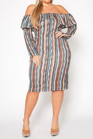 Plus Size Multi Striped Off Shoulder Dress - OB Fashions