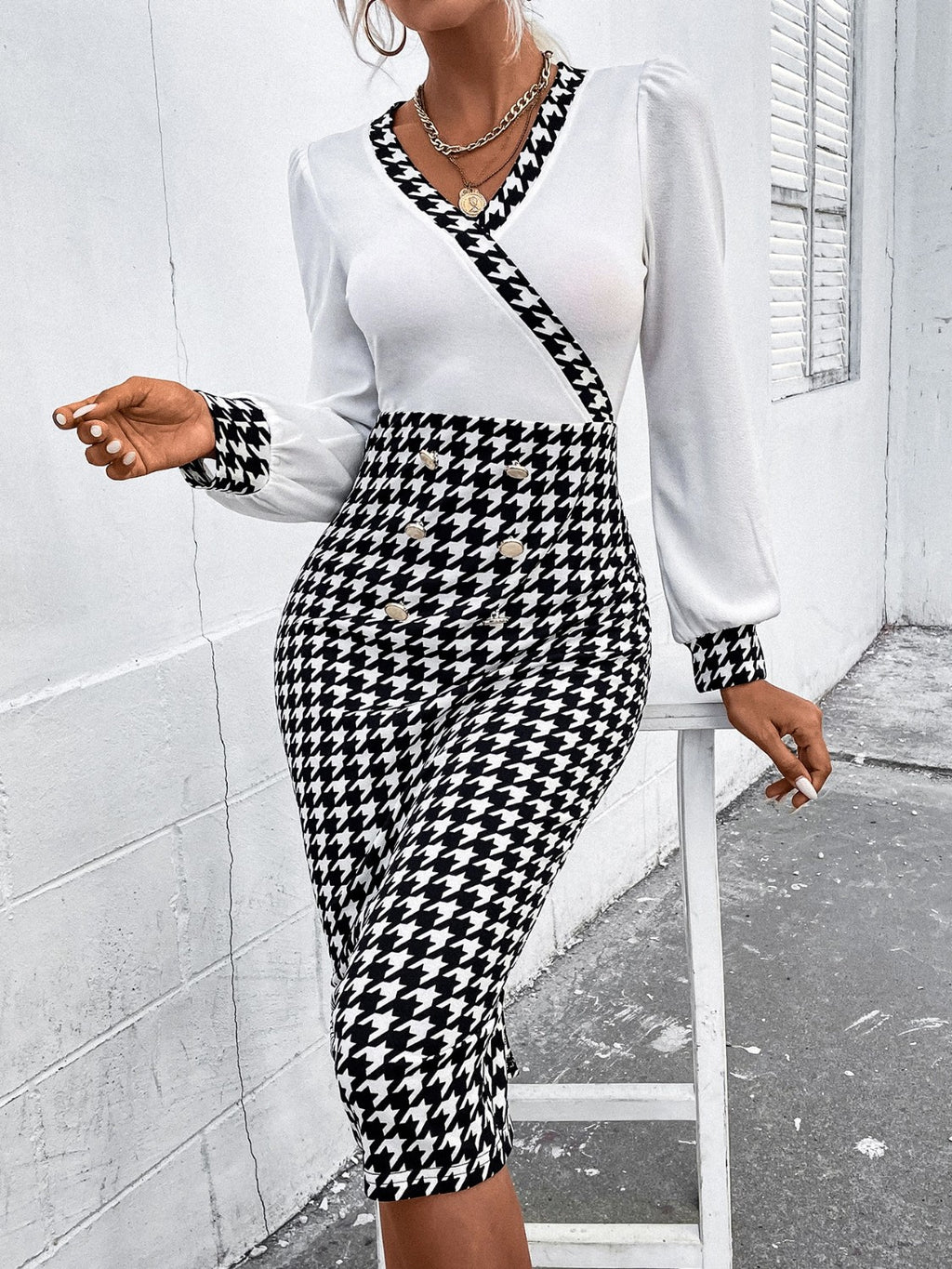 Houndstooth Long Sleeve Slit Dress – OB Fashions