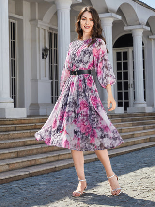 Floral Print Round Neck Balloon Sleeve Midi Dress - OB Fashions