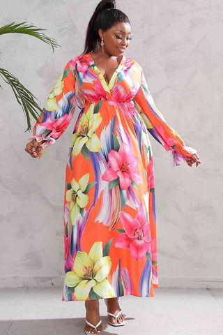Plus Size Printed Flounce Sleeve Maxi Dress - OB Fashions