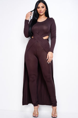 Solid Heavy Rayon Spandex Long Sleeve Crossed Over Long Top And Leggings 2 Piece Set - OB Fashions