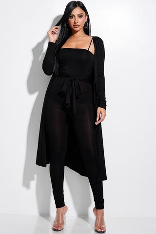 Solid Heavy Rayon Spandex Spaghetti Strap Jumpsuit With Waist Tie And Duster 2 Piece Set - OB Fashions