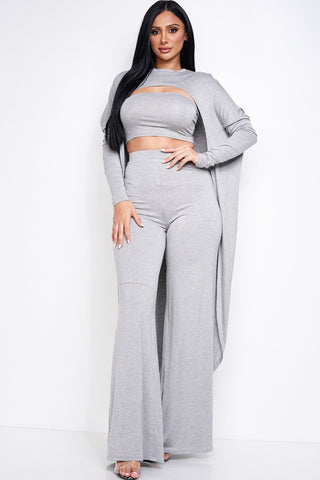 Solid Heavy Rayon Spandex Tube Top, Long Sleeve Cape Top And Wide Leg Pants 3 Piece Set - OB Fashions