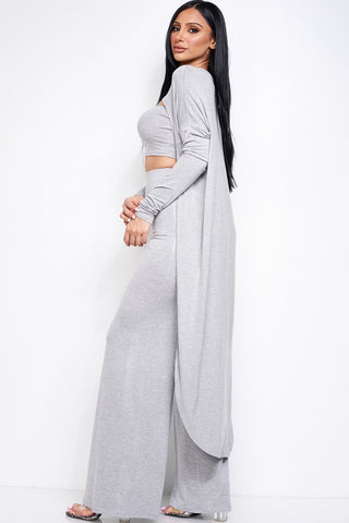 Solid Heavy Rayon Spandex Tube Top, Long Sleeve Cape Top And Wide Leg Pants 3 Piece Set - OB Fashions