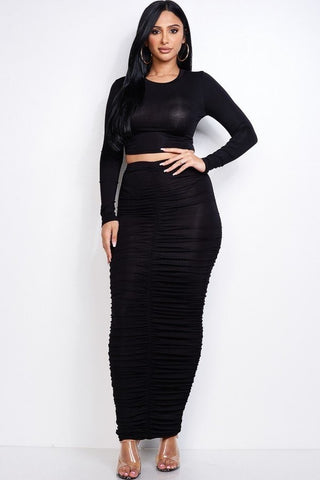 Solid Heavy Rayon Spandex Long Sleeve Cropped Top And Ruched Maxi Skirt Two Piece Set - OB Fashions