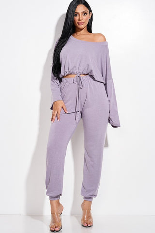 Solid French Terry Long Sleeve Tie Front Slouchy Top And Jogger Pants Two Piece Set - OB Fashions