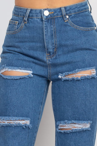 Rolled Hem Ripped Denim Jeans - OB Fashions