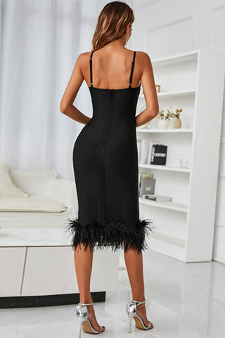 Spaghetti Strap Feather Trim Bodycon Dress - OB Fashions