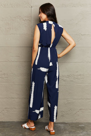Printed Round Neck Cutout Jumpsuit with Pockets - OB Fashions