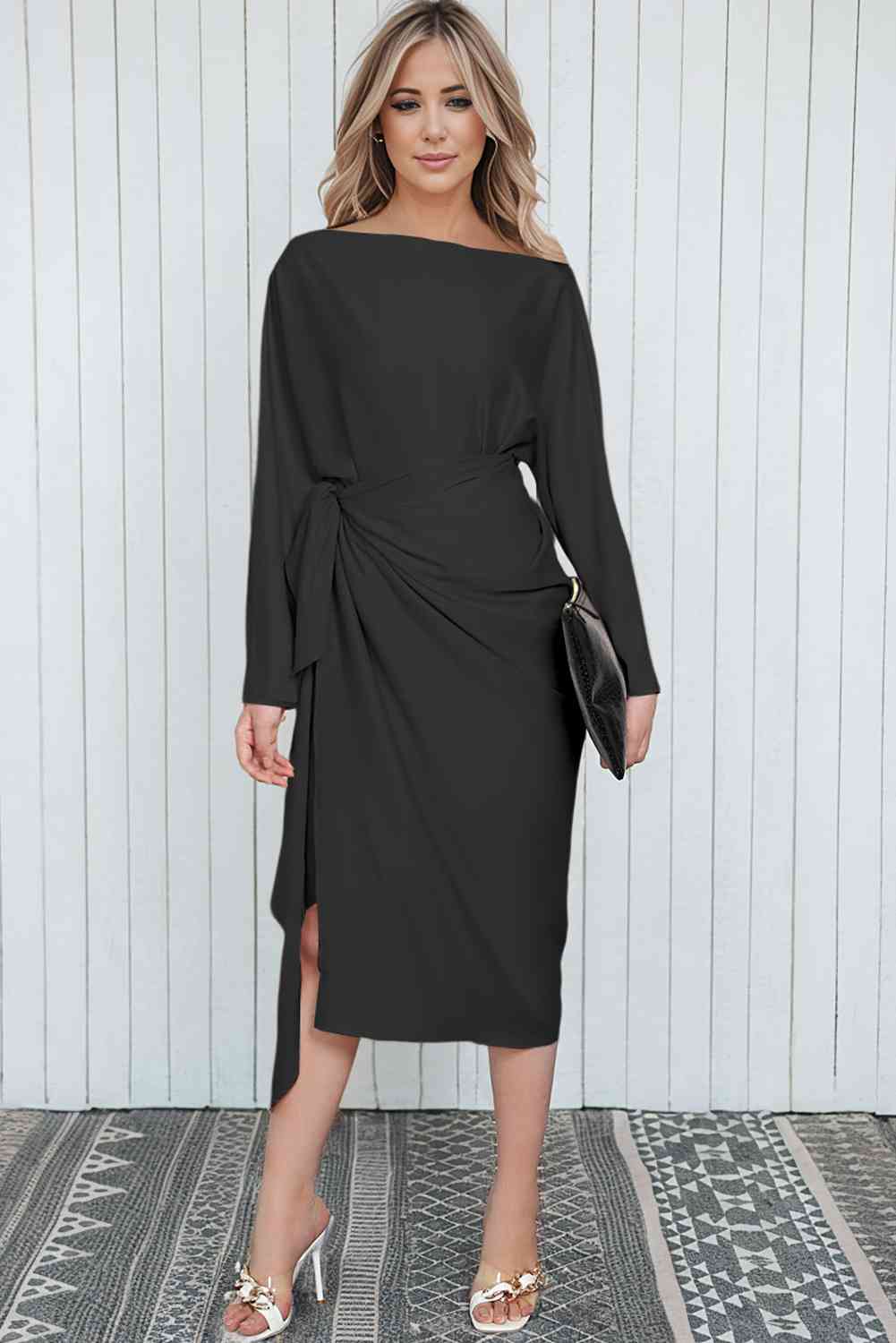 Boat Neck Long Sleeve Twisted Midi Dress OB Fashions Boat Neck Long Sleeve Twisted Midi Dress OB Fashions
