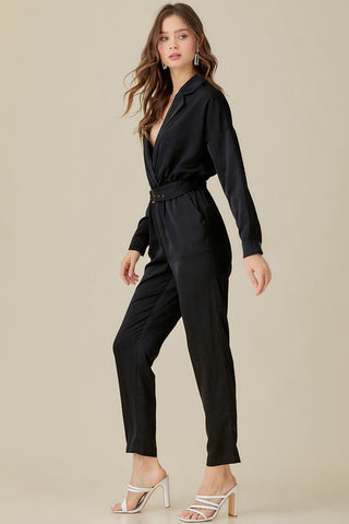 BELTED WAIST COLLARED SATIN JUMPSUIT - OB Fashions