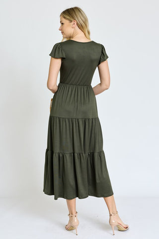 Solid Flutter Sleeve Tiered Tea Length Dress - OB Fashions
