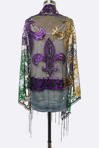 Mardi Gras Color Fleur De Lis Sequins Shawl Scarf - OB Fashions