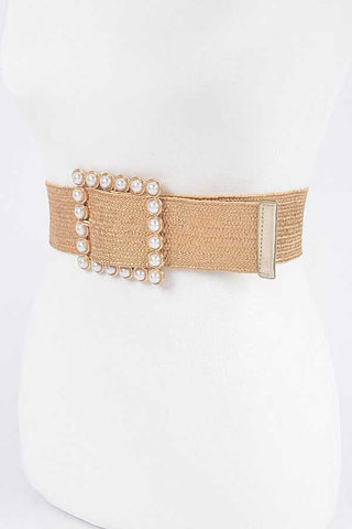 Pearl Buckle Faux Straw Elastic Belt - OB Fashions