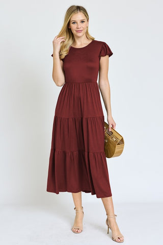 Solid Flutter Sleeve Tiered Tea Length Dress - OB Fashions