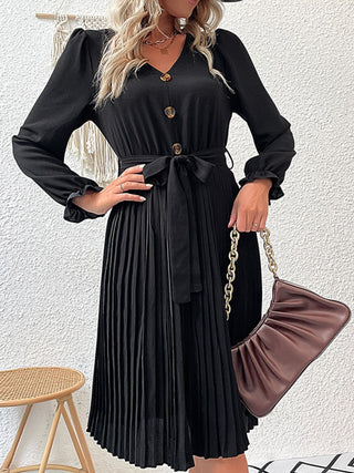 Decorative Button Belted Puff Sleeve Pleated Dress - OB Fashions