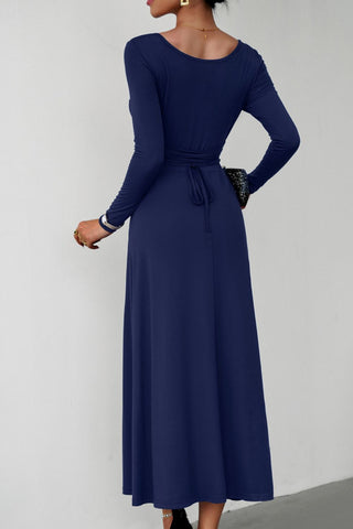 Scoop Neck Long Sleeve Lace-Up Maxi Dress - OB Fashions