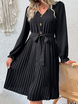 Decorative Button Belted Puff Sleeve Pleated Dress - OB Fashions