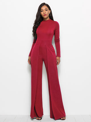 Long Sleeve Mock Neck Wide Leg Jumpsuit - OB Fashions