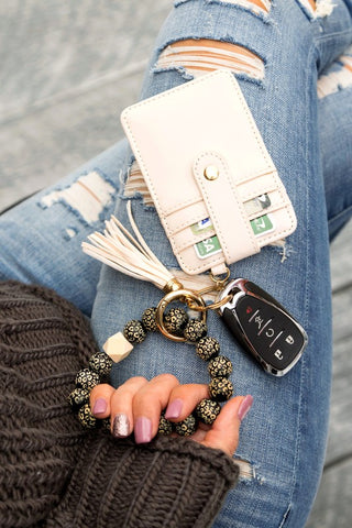 Leopard Beaded Key Ring Wallet Bracelet - OB Fashions