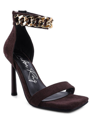 LAST SIP HEELED FAUX SUEDE CHAIN STRAP SANDAL - OB Fashions