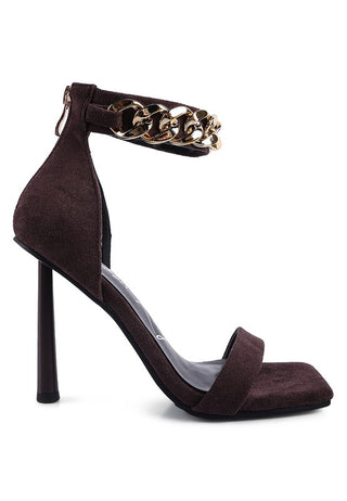 LAST SIP HEELED FAUX SUEDE CHAIN STRAP SANDAL - OB Fashions