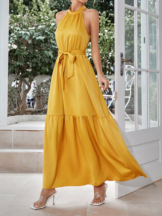 Belted Grecian Neck Tiered Maxi Dress - OB Fashions