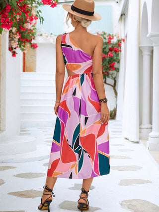 Printed Cutout One-Shoulder Sleeveless Dress - OB Fashions