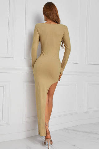 Ribbed Scoop Neck Bodycon Dress with Split - OB Fashions