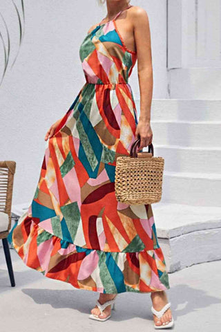Multicolored Tied Grecian Neck Maxi Dress - OB Fashions