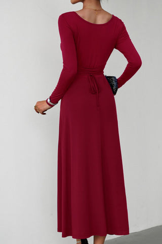 Scoop Neck Long Sleeve Lace-Up Maxi Dress - OB Fashions