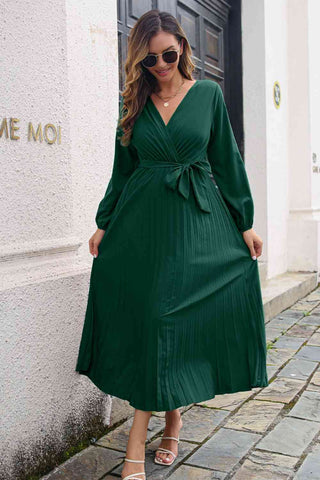 Pleated Long Sleeve Surplice Maxi Dress - OB Fashions