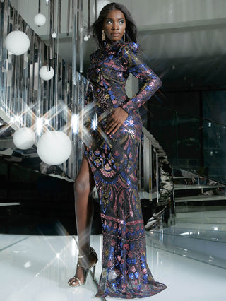 Multicolored Sequin Puff Sleeve Split Dress