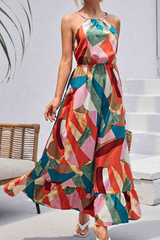 Multicolored Tied Grecian Neck Maxi Dress - OB Fashions