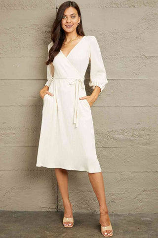 Culture Code Full Size Surplice Flare Ruching Dress - OB Fashions
