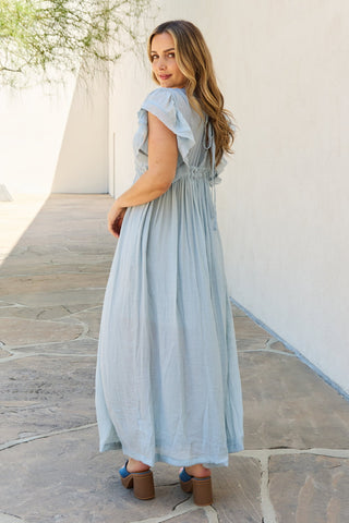 Sweet Lovely By Jen Full Size Drawstring Deep V Butterfly Sleeve Maxi Dress - OB Fashions