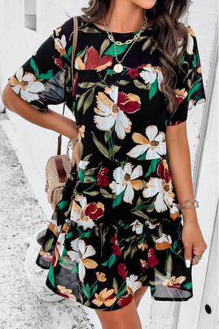 Printed Tiered Round Neck Mini Dress