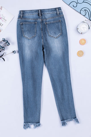 Distressed Frayed Hem Cropped Jeans - OB Fashions