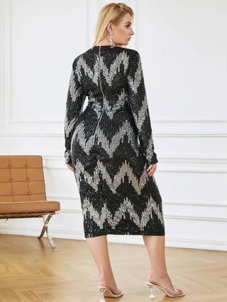 Plus Size Sequin Long Sleeve Round Neck Midi Dress - OB Fashions