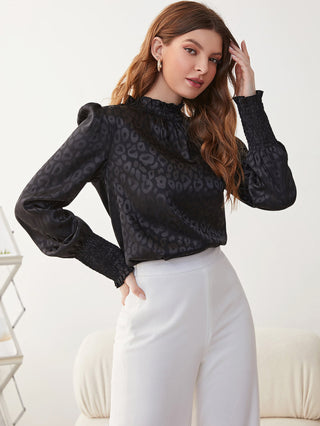Leopard Smocked Frill Neck Puff Sleeve Blouse