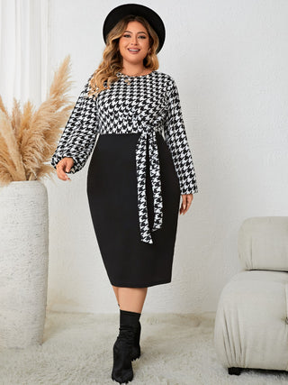 Plus Size Houndstooth Tied Long Sleeve Dress - OB Fashions