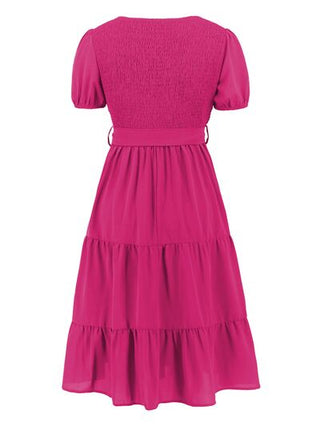 Smocked Tie Front Short Sleeve Tiered Dress