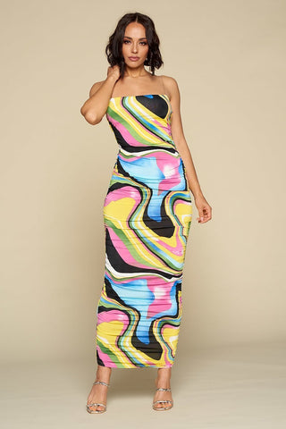Multicolor Bodycon Maxi Dress, Clear Spaghetti Straps, Ruched Detail - OB Fashions