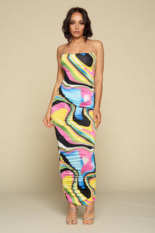 Multicolor Bodycon Maxi Dress, Clear Spaghetti Straps, Ruched Detail - OB Fashions