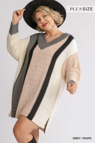 Oversized Multicolor Bouclé V-neck Pullover Sweater Dress With Side Slit - OB Fashions