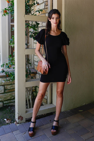 Knit Short Balloon Sleeve Bodycon Mini Dress - OB Fashions