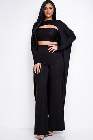 Solid Heavy Rayon Spandex Tube Top, Long Sleeve Cape Top And Wide Leg Pants 3 Piece Set - OB Fashions