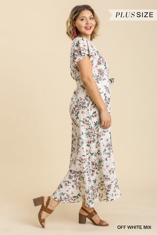 Floral Print Wrapped Short Ruffle Sleeve Maxi Dress With No Lining - OB Fashions