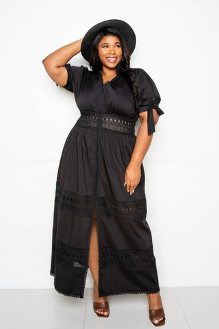 Puff Sleeve Maxi Dress With Lace Insert - OB Fashions